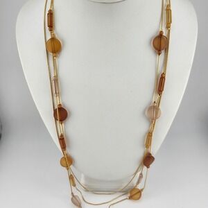 Gold Tone Multi‎ Strand Necklace Amber Brown Geometric Beads Fashion Jewelry